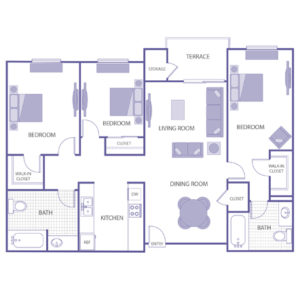 3 bed 2 bath floor plan, kitchen, dining room, living room, terrace and storage, 2 walk-in closets, 2 closets