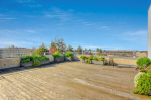 Exterior rooftop lounge area, plants in pots along railing, wood decking, photo taken on a sunny day with clouds.