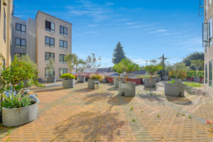 Outdoor Courtyard area, large potted trees, bike rack, outdoor tables.